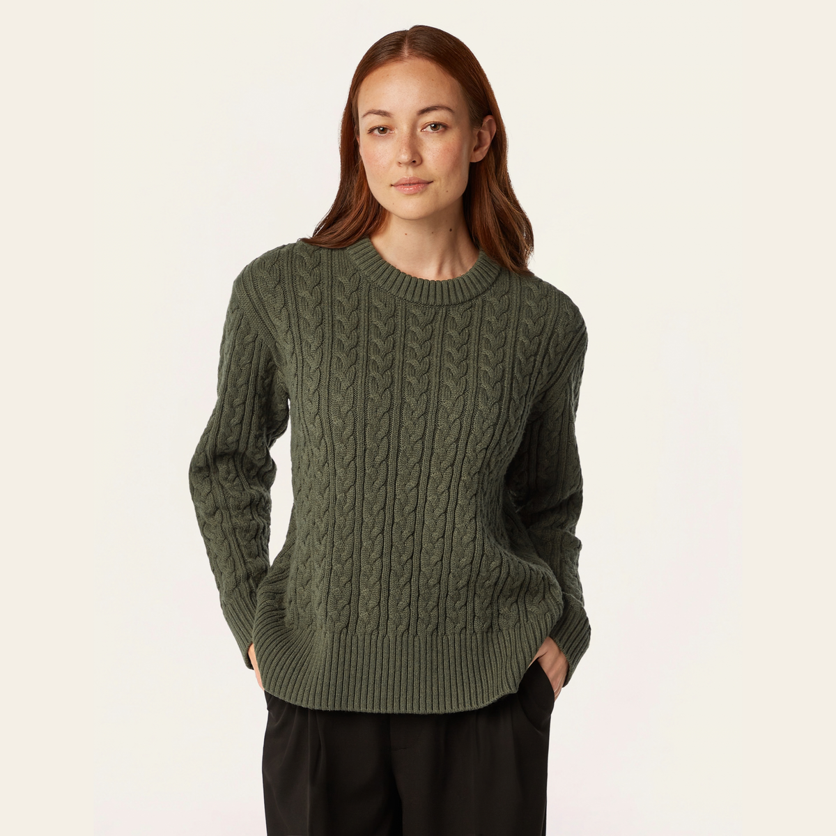 Heavy Seawool Cable Crewneck - Dark Olive
