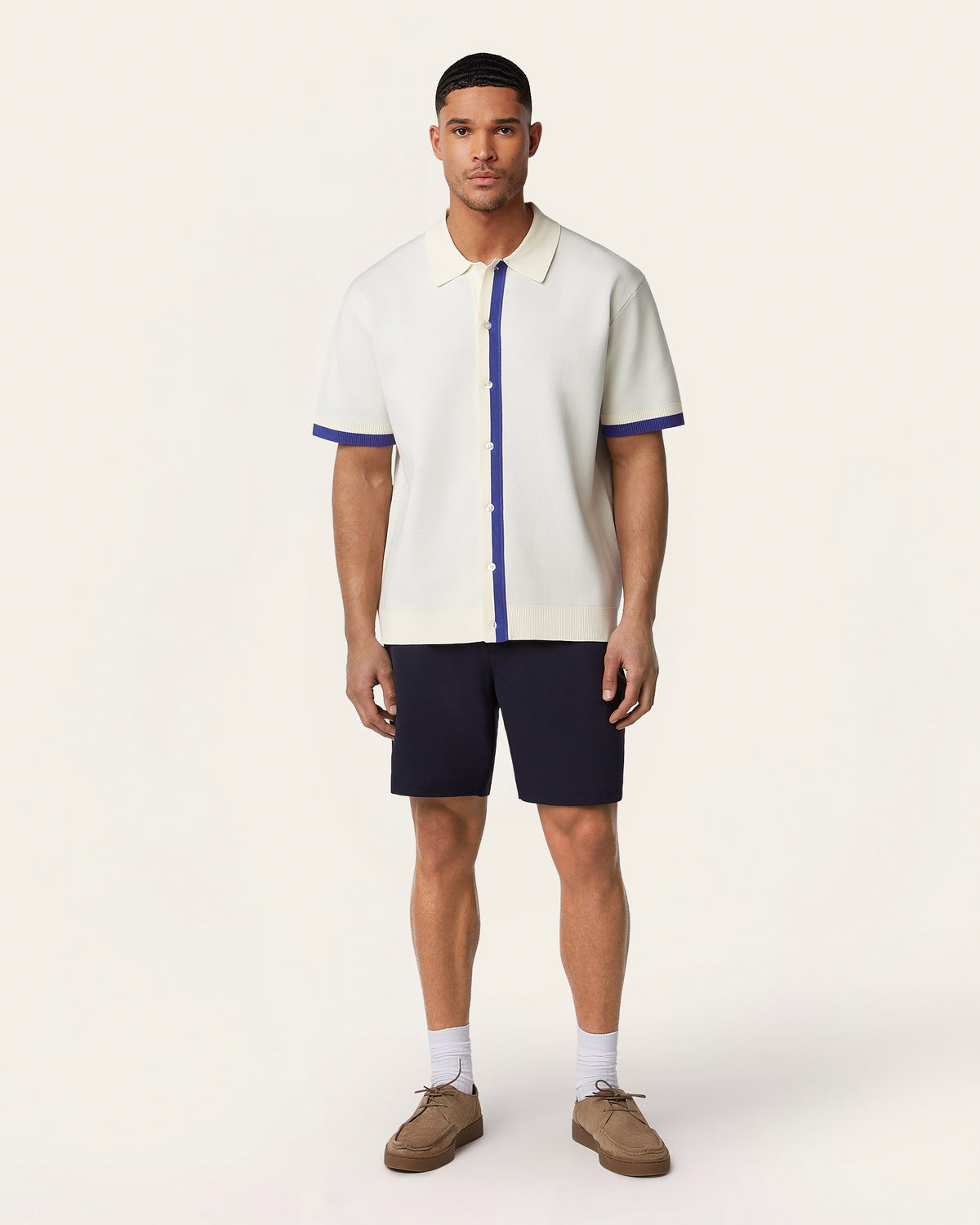 Jacquard Short Sleeve Shirt Off White / Cobalt Blue
